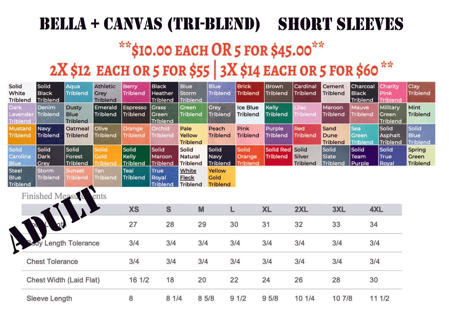ADULT **Short Sleeve School Shirts (BUNDLE of 5 BELLA CANVAS Tri-Blend)
